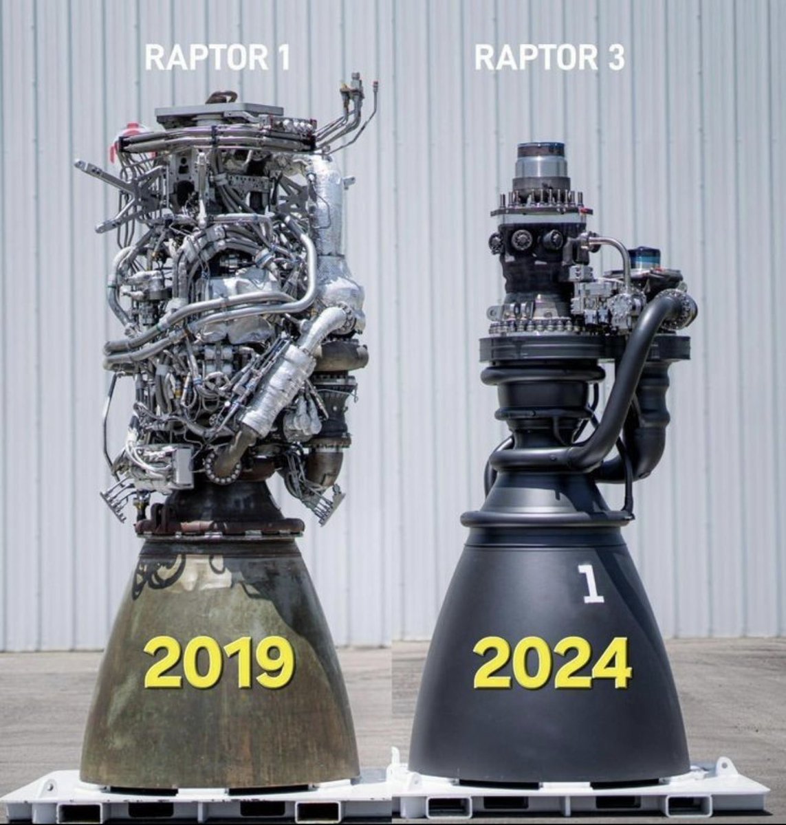 yaprofi's tweet photo. Эволюция двигателя Raptor от SpaceX с 2019 по 2024 год — это мастер-класс по эффективности и инновациям.  

Сложность Raptor 1 уступила место обтекаемой простоте Raptor 3.  

Это идеально согласуется с мантрой @elonmusk: «Лучший компонент — это его отсутствие». https://t.co/1IjmRaMrwy