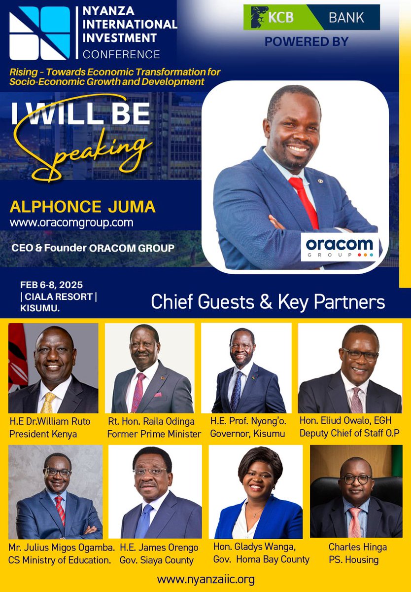 otienoo346's tweet photo. Our CEO Mr. Alphonce Juma will be representing https://t.co/Zz0Fk7SJB4 at the Nyanza International Investment Conference,on 6th February 2025 addressing 22 million people on the role of youth driven entrepreneurship in shaping Kenya’s economic landscape.#OracomGroup https://t.co/utxHiCCV7n