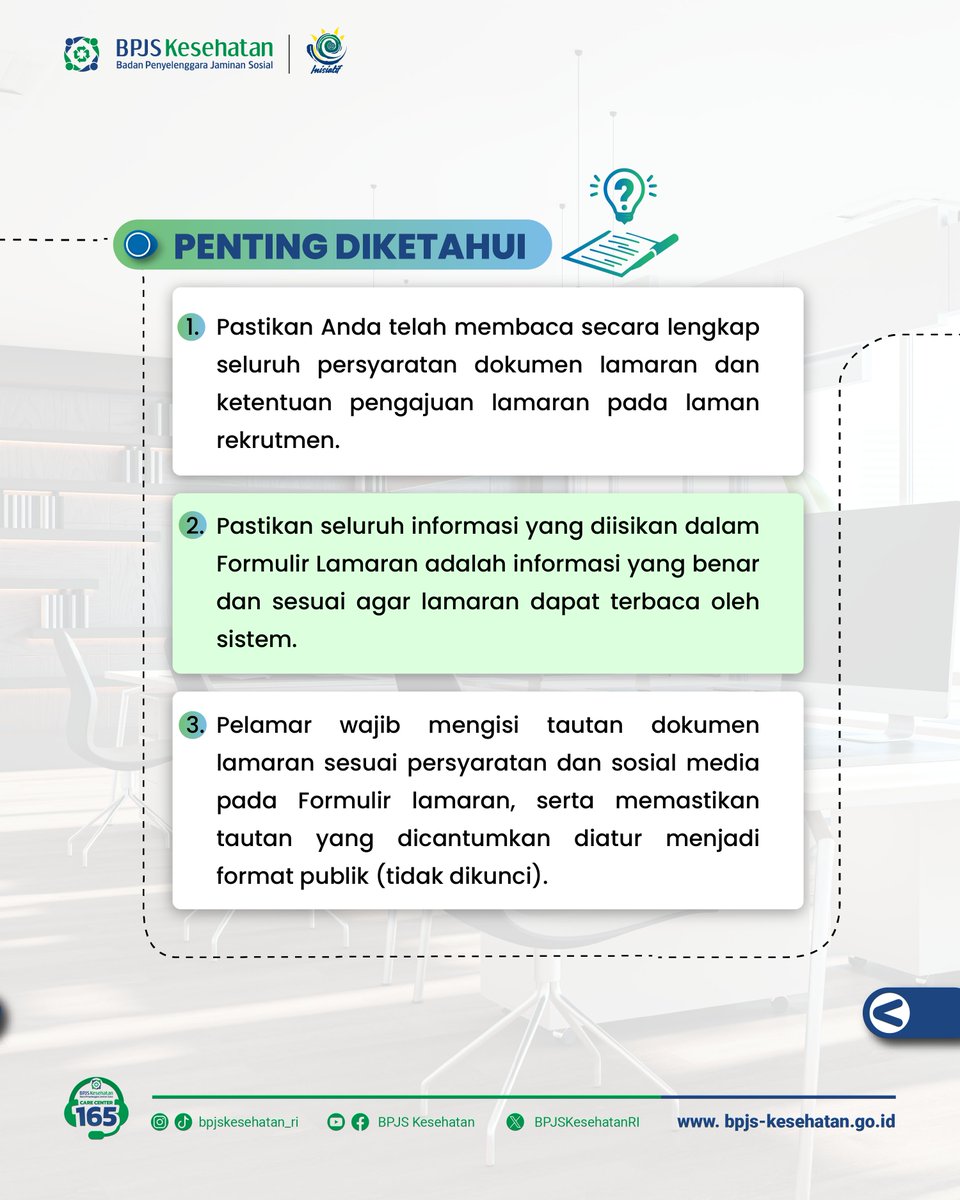 Ini resmi ya! Pengumuman Rekrutmen Pegawai Administrasi Tidak Tetap (PATT) BPJS Kesehatan kembali dibuka. 

Periode lamaran dibuka sepanjang tahun 2025, detil informasi lengkap dan pengajuan lamaran dapat dicek disini ya... 

rekrutmen.bpjs-kesehatan.go.id