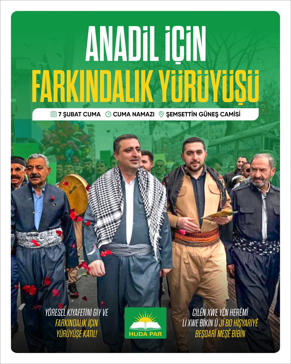 Ji bo hayjêhebûna hilbijartina dersên Kurdî em ê bimeşin

Tu jî şal û şapikên xwe li xwe bike û tevlî vê meşa me bibe

Kürtçe Ders farkındalığı için yürüyoruz.

Sen de yöresel kıyafetini giy ve yürüyüşümüze katıl.