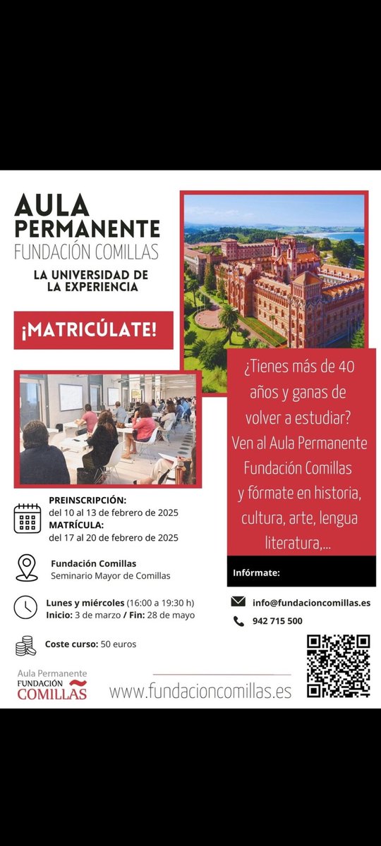 Desde la Fundación Comillas nos hacen llegar esta información para la población adulta de nuestra comarca.
Si tienes más de 40 años tienes la oportunidad de participar en un interesante programa que se desarrollará en las aulde la fundación y con diversas salidas programadas 👇🏼👇🏼