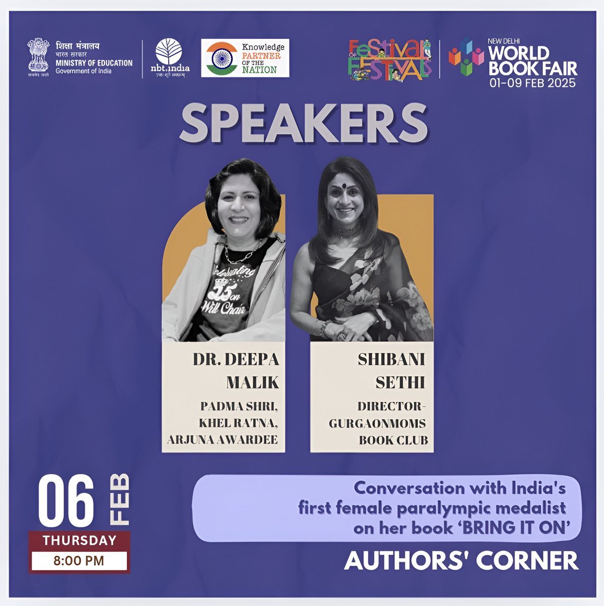 See you at #WorldBookFair New Delhi! In conversation with the wonderful #ShibaniSethi, Director #GurgaonMoms Book Club, on 6 February 8PM at the Authors' Corner, about my autobiography #BringItOn!♿📚✨#nbtindia #ministryofeducation
#ndwbf2025 #NDWBF2025
<a href="/nbt_india/">National Book Trust, India</a> <a href="/EduMinOfIndia/">Ministry of Education</a>
