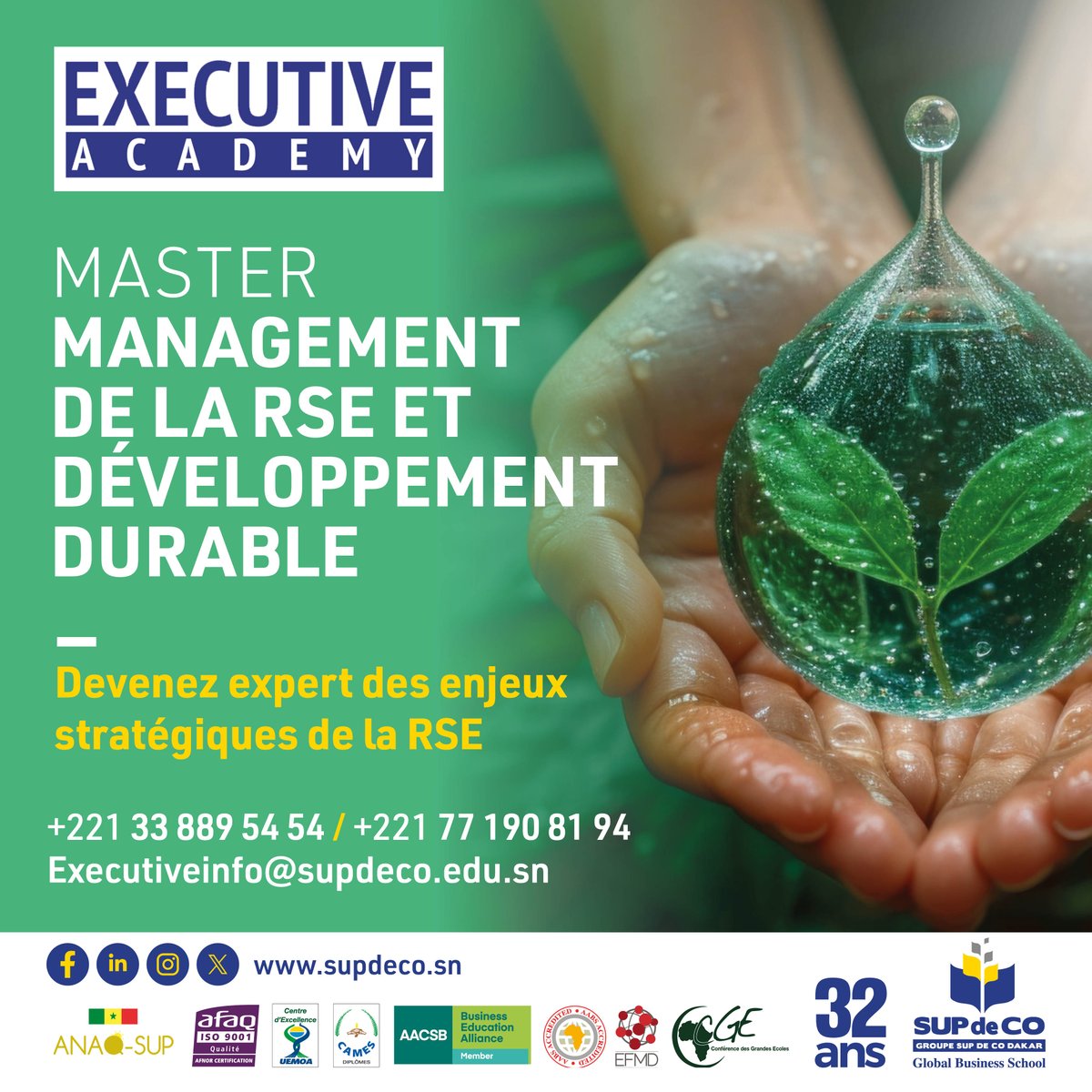 [ Master Management de la RSE et Développement Durable ]📚

Ce Master se penche sur les pratiques commerciales durables et éthiques, ainsi que sur les modèles économiques axés sur le bien-être social et environnemental. 📈♻️

Informations :
☎+221 33 889 54 54
☎+221 77 190 81 94