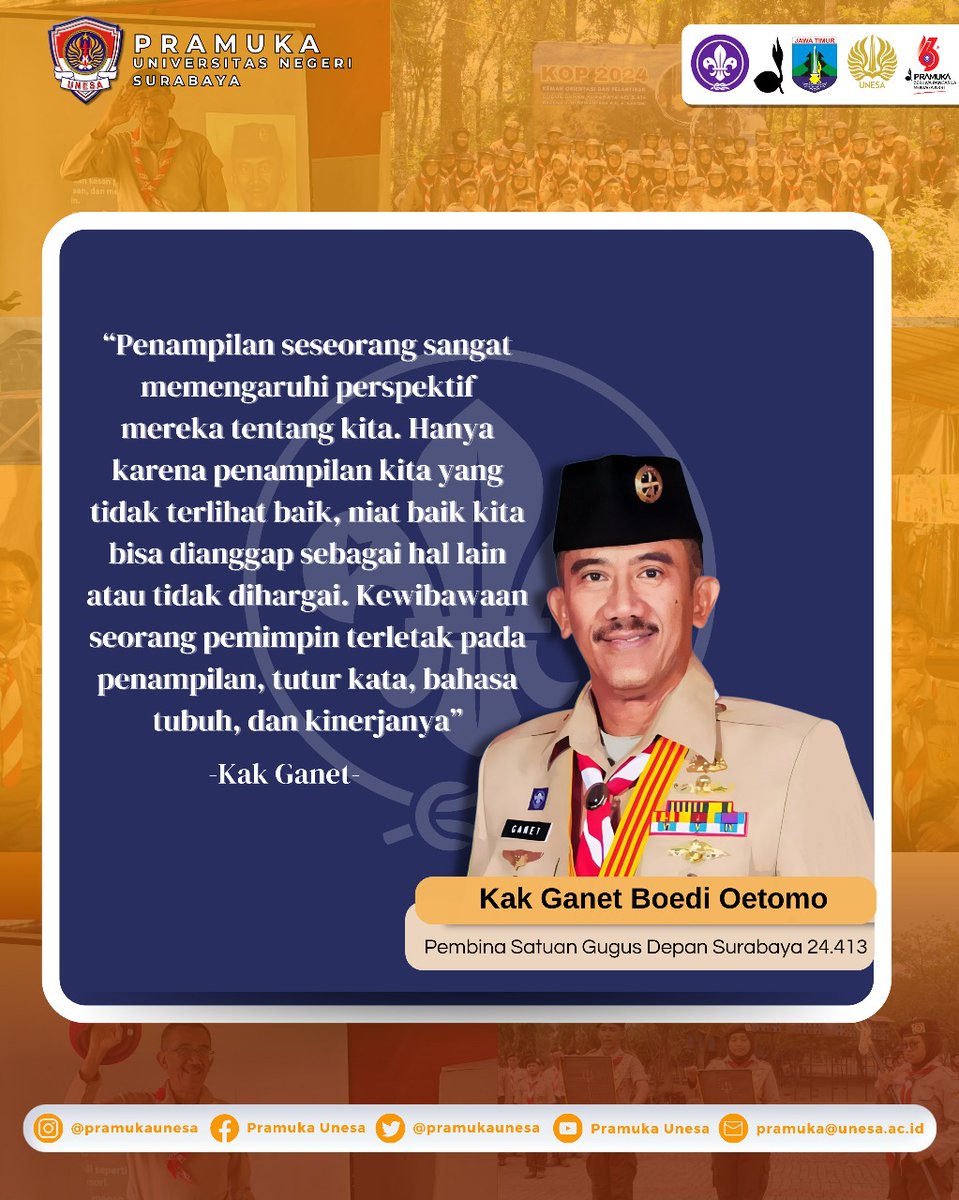[ Penampilan Seorang Pemimpin]
⚜️Salam Pramuka ⚜️

Jadilah teladan melalui penampilan, tutur kata, dan tindakan kita! Mari bersama membangun Pramuka yang lebih unggul.

Pramuka Unesa
Jaya Luar Biasa🔥
_______________________________
✒️Pramuka Unesa
📷Instagram: @pramukaunesa