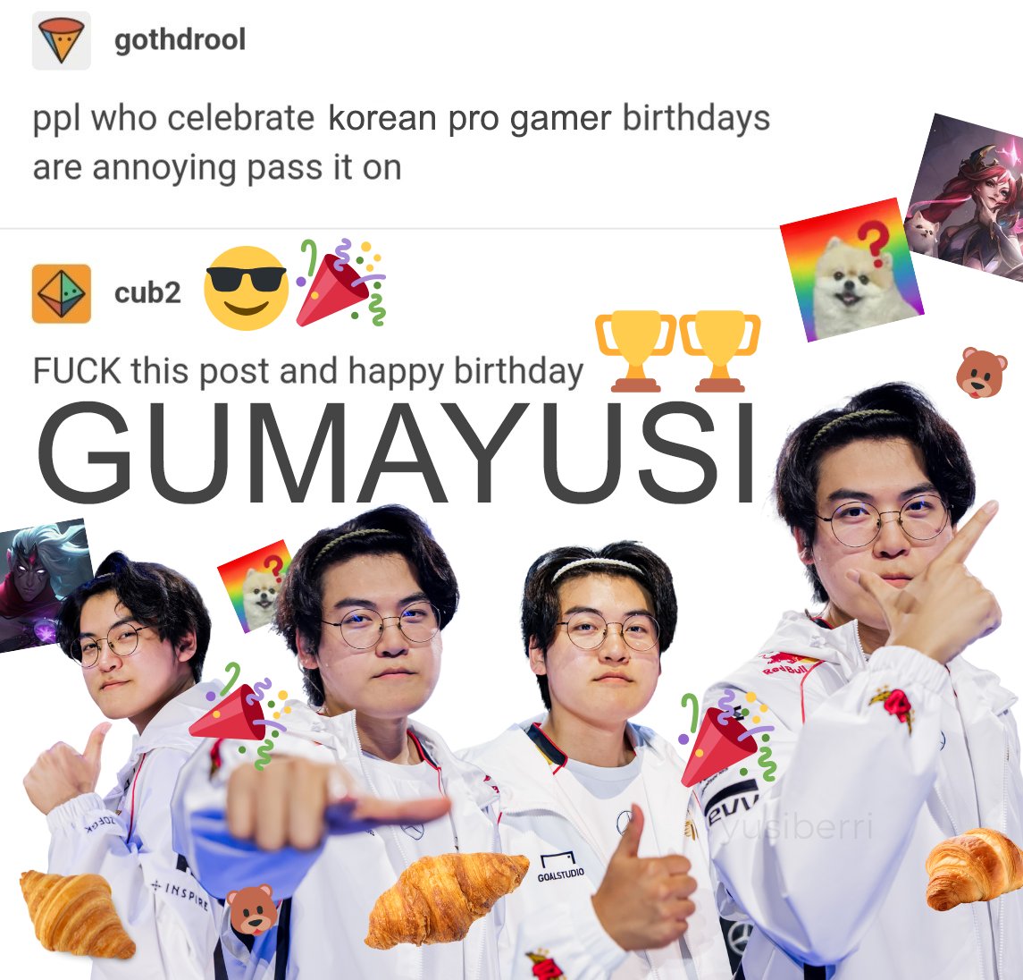 yusiberri's tweet image. happy birthday two-time worlds champion gumayusi !!!  🎉🎂 @gumayusi_min #이즈구우우웃구마유시 #HAPPY_23rd_GUMADAY #HappyGumayusiDay