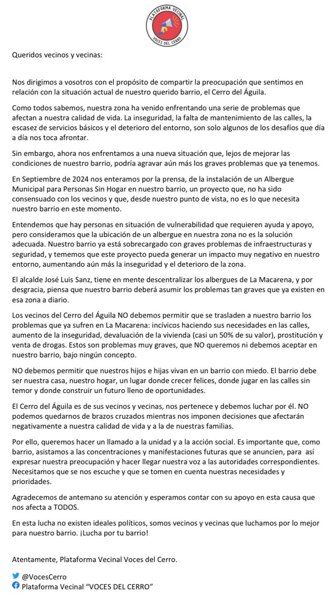 📢 Nos llega que desde el <a href="/DtoCerroAmate/">Distrito Cerro-Amate (Sevilla)</a> están quitando carteles de las calles <a href="/Ayto_Sevilla/">Ayuntamiento de Sevilla</a>, por eso nos vemos obligados a hacer llegar esta carta a l@s vecin@s.❌!No nos van a callar!

📩 Difundidla, compartidla en digital o en papel ¡Qué llegue a todos los rincones del barrio!