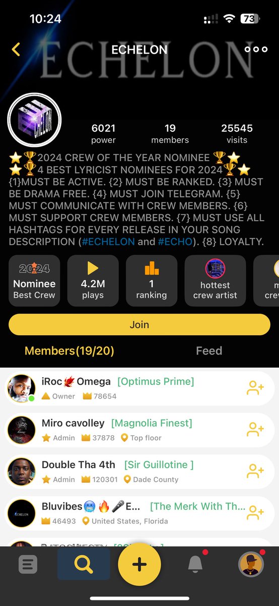 🔥 ECHELON 🔥 - The #1 crew in Rap Fame! 🏆 Nominated for 2024 Crew of the Year &amp; Best Lyricists!

Looking for a community of elite rappers who support, collaborate, and dominate?

Download Rap Fame &amp; find your squad. Your rap family is waiting!

#RapFame #Echelon #Echo #HipHop