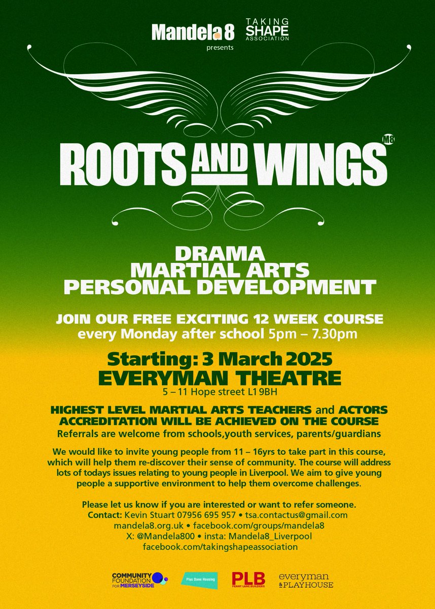 Mandela8 (@mandela800) on Twitter photo REFERRALS OPEN - ROOTS & WINGS 2025
Mandela8 and <a href="/taking__shape/">Taking Shape Association</a>'s 12-week programme is for young people from across the city.
Please use the referral form below or use the contact details on the poster for more info.
REFERRAL FORM: forms.gle/MmjRR1oU4PLzyZ… REFERRALS OPEN - ROOTS & WINGS 2025
Mandela8 and <a href="/taking__shape/">Taking Shape Association</a>'s 12-week programme is for young people from across the city.
Please use the referral form below or use the contact details on the poster for more info.
REFERRAL FORM: forms.gle/MmjRR1oU4PLzyZ…