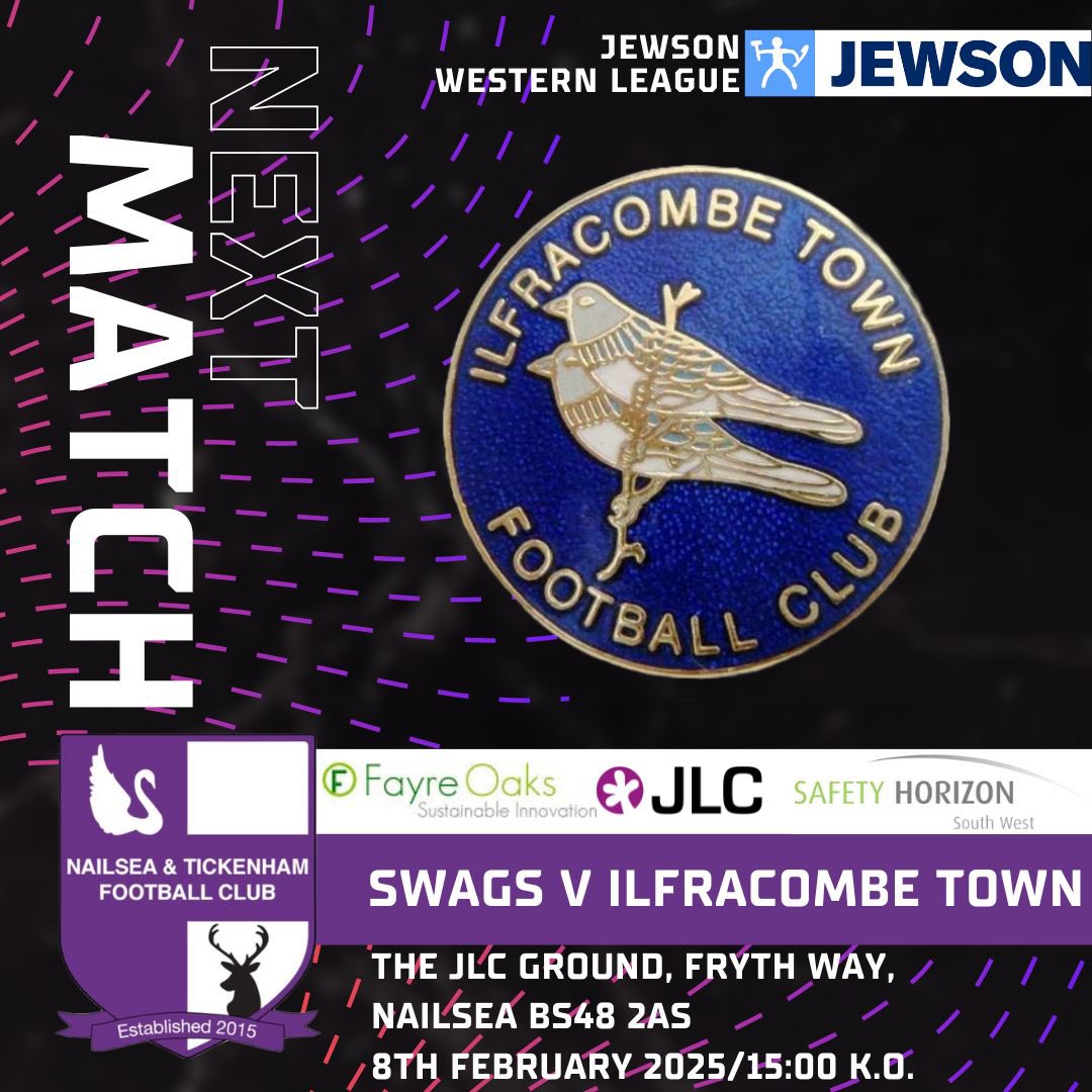 ❗️SATURDAY❗️

We welcome <a href="/ilfcombeafc/">𝐈𝐥𝐟𝐫𝐚𝐜𝐨𝐦𝐛𝐞 𝐓𝐨𝐰𝐧 𝐀𝐅𝐂</a> to the JLC Ground, Fryth Way

📍 JLC Ground, Fryth Way BS48 2AS
📅 Saturday February 8th
🆚<a href="/ilfcombeafc/">𝐈𝐥𝐟𝐫𝐚𝐜𝐨𝐦𝐛𝐞 𝐓𝐨𝐰𝐧 𝐀𝐅𝐂</a> 
⏰ 15:00 KO
🎟 Adults £8, OAP £6, U18's FREE

Come on down and support the Swags!💜

#Swags
<a href="/swsportsnews/">South West Sports News</a> @nailseapeeps