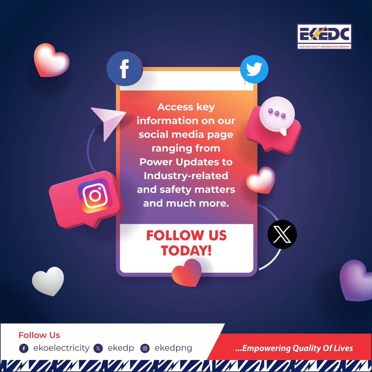 EKEDP's tweet image. Get the latest information at your fingertips by following us on our social media pages.

Follow Us Today!

#GetTheLatest #FollowUs #EKEDC #EmpoweringQualityOfLives