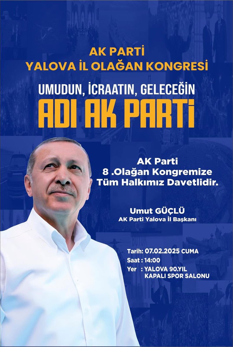 AK Parti Yalova 8. Olağan İl Kongremize değerli hemşerilerimizi davet ediyoruz. 

🗓 Tarih: 07 Şubat 2025 Cuma
🕐 Saat: 14:00
📍 Yer: Yalova 90.Yıl Kapalı Spor Salonu

<a href="/RTErdogan/">Recep Tayyip Erdoğan</a> 
<a href="/erkankandemir/">Erkan Kandemir</a> 
#AKPARTİ