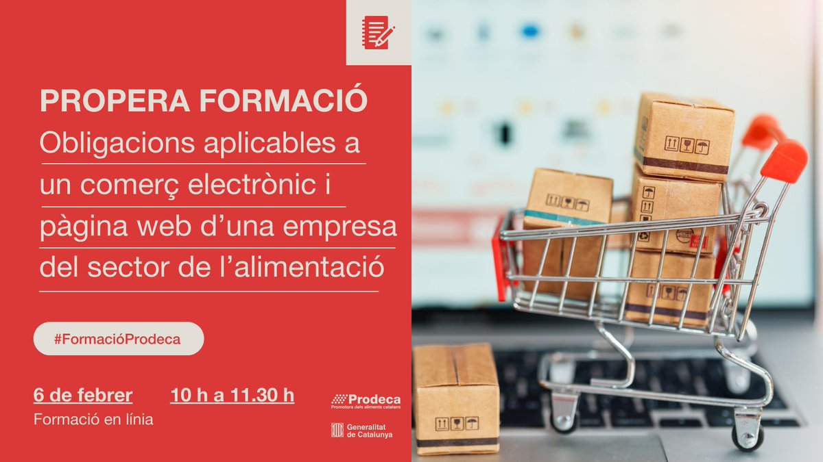 ‼️Darrer dia per inscriure-us a la #FormacióProdeca.

➡️Obligacions aplicables a un comerç electrònic i pàgina web d’una empresa del sector de l’alimentació
📆6 de febrer
💻Online i gratuït

🔗Inscripcions: bit.ly/4hL05D6