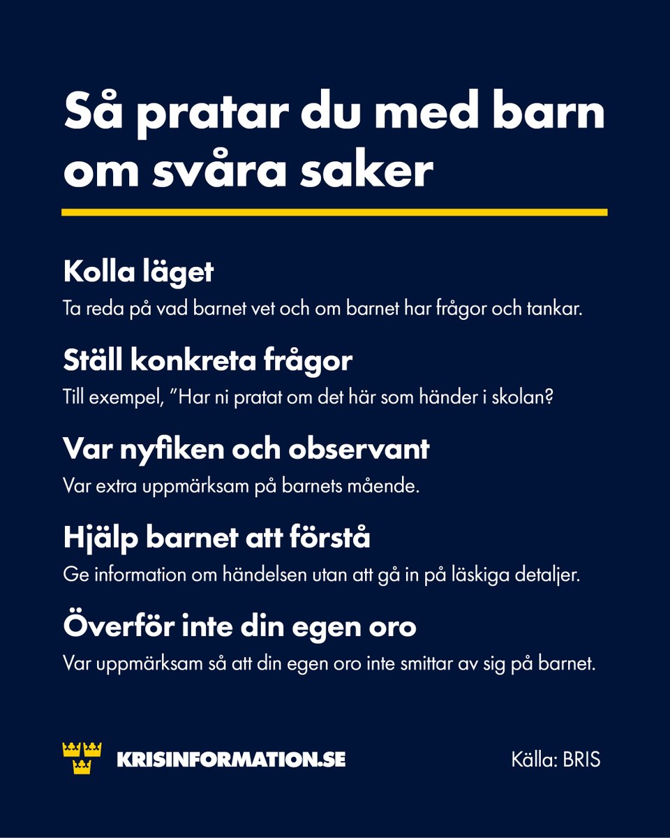 krisinformation's tweet photo. Svåra händelser kan väcka tankar och oro hos barn. Det viktigaste du kan göra som vuxen är att trygga, lugna och stärka barnets känsla av kontroll. Glöm inte att ge hopp!❤️ Berätta att det finns människor som arbetar för att situationen ska ordna sig. https://t.co/d5aBYbhe7h