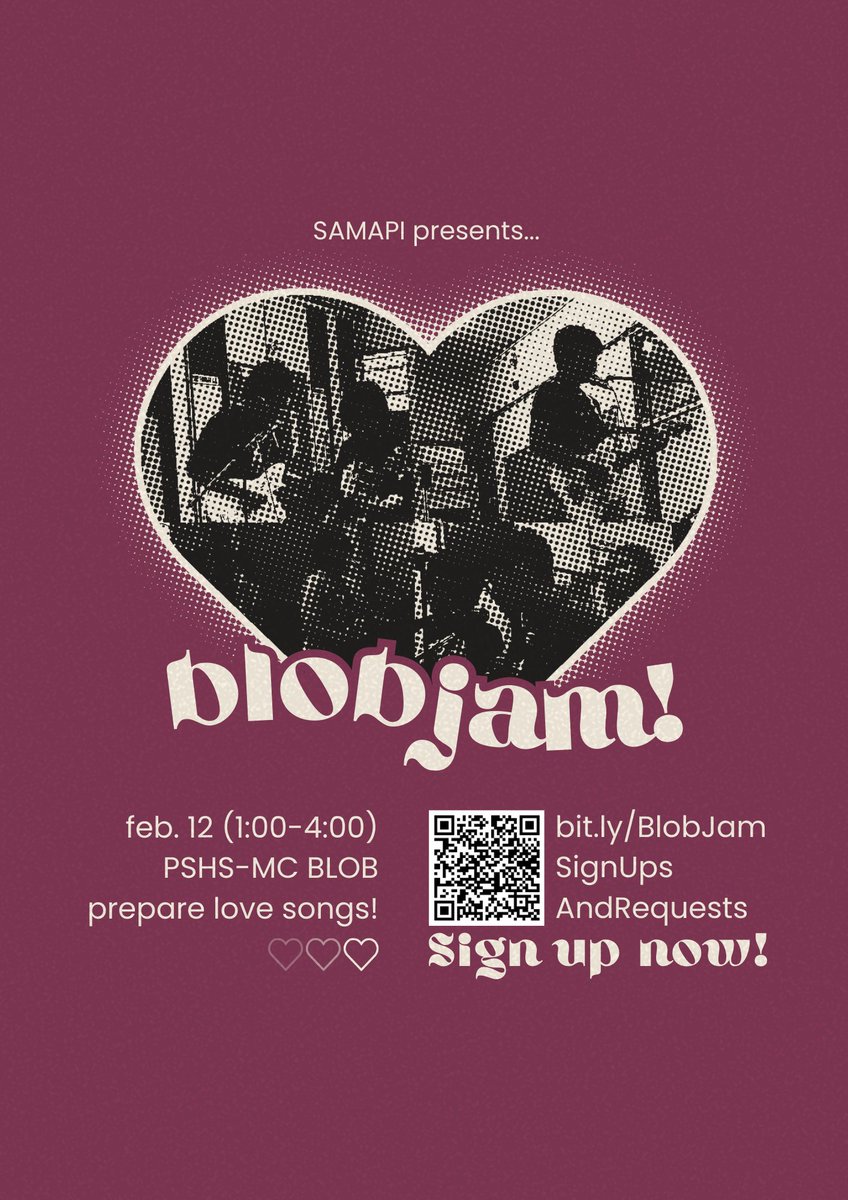 ClubSamapi's tweet image. LOVE is in the air at the BLOBJAM! 💞

Meet us for our VALENTINE&apos;S DAY Blob Jam happening this February 12, 2025 😻 Request a song from a performer for only 20 PHP, love songs are highly encouraged! 💌

Sign up to perform and request songs at this Gsheet: bit.ly/BlobJamSignUps…