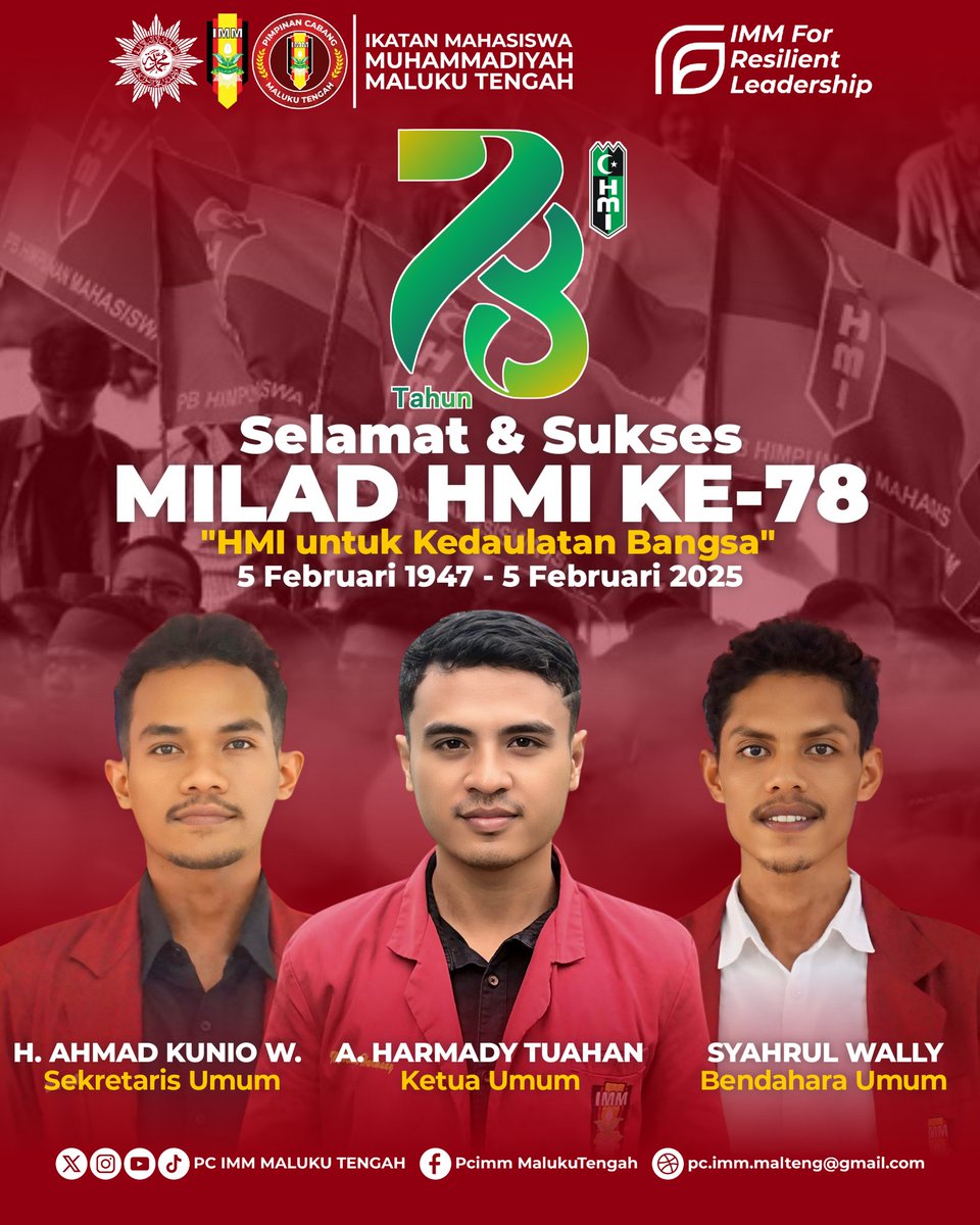 pc_imm_malteng's tweet photo. Pimpinan Cabang Ikatan Mahasiswa Muhammadiyah Maluku Tengah mengucapkan selamat dan sukses atas milad Himpunan Mahasiswa Islam (HMI) yang ke-78 Tahun.
"HMI untuk Kedaulatan Bangsa".
5 Februari 1947 - 5 Februari 2025. https://t.co/QqM01E8uJV