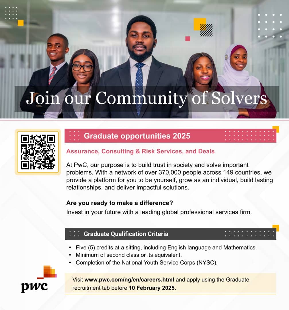cbngov_akin1's tweet photo. Applications are now open for our 2025 graduate trainee programme!
We’re seeking talented graduates to join our Assurance, Consulting & Risk Services, and Deals lines of service.
Apply now: https://t.co/2qYKAgsEFR
#PwCCareers #GraduateTraineeJobs #jobvacancies https://t.co/PWzj4VdDhl