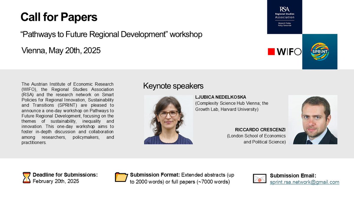 Andrés Rodríguez-Pose (@rodriguez_pose) on Twitter photo #Sustainability, #inequality & #innovation will shape the economies of tomorrow.
Join WIFO, RSA, and SPRINT in Vienna on 20 May 2025 for a workshop on these urgent themes.
Keynotes from Ljubica Nedelkoska & <a href="/crescenzi_r/">Riccardo Crescenzi</a> . Submissions due 20 Feb.
📩sprint.rsa.network@gmail.com #Sustainability, #inequality & #innovation will shape the economies of tomorrow.
Join WIFO, RSA, and SPRINT in Vienna on 20 May 2025 for a workshop on these urgent themes.
Keynotes from Ljubica Nedelkoska & <a href="/crescenzi_r/">Riccardo Crescenzi</a> . Submissions due 20 Feb.
📩sprint.rsa.network@gmail.com