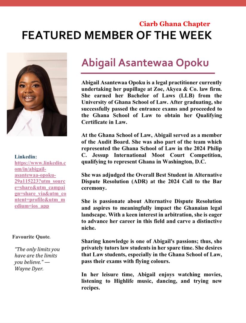 FEATURED MEMBER OF THE WEEK 

Abigail Asantewaa Opoku is a legal practitioner currently undertaking her pupillage at Zoe, Akyea &amp; Co. law firm. 

To know more about Abigail, kindly read her profile below.

#featuredmemberoftheweek
#ciarb
#ciarbghanachapter