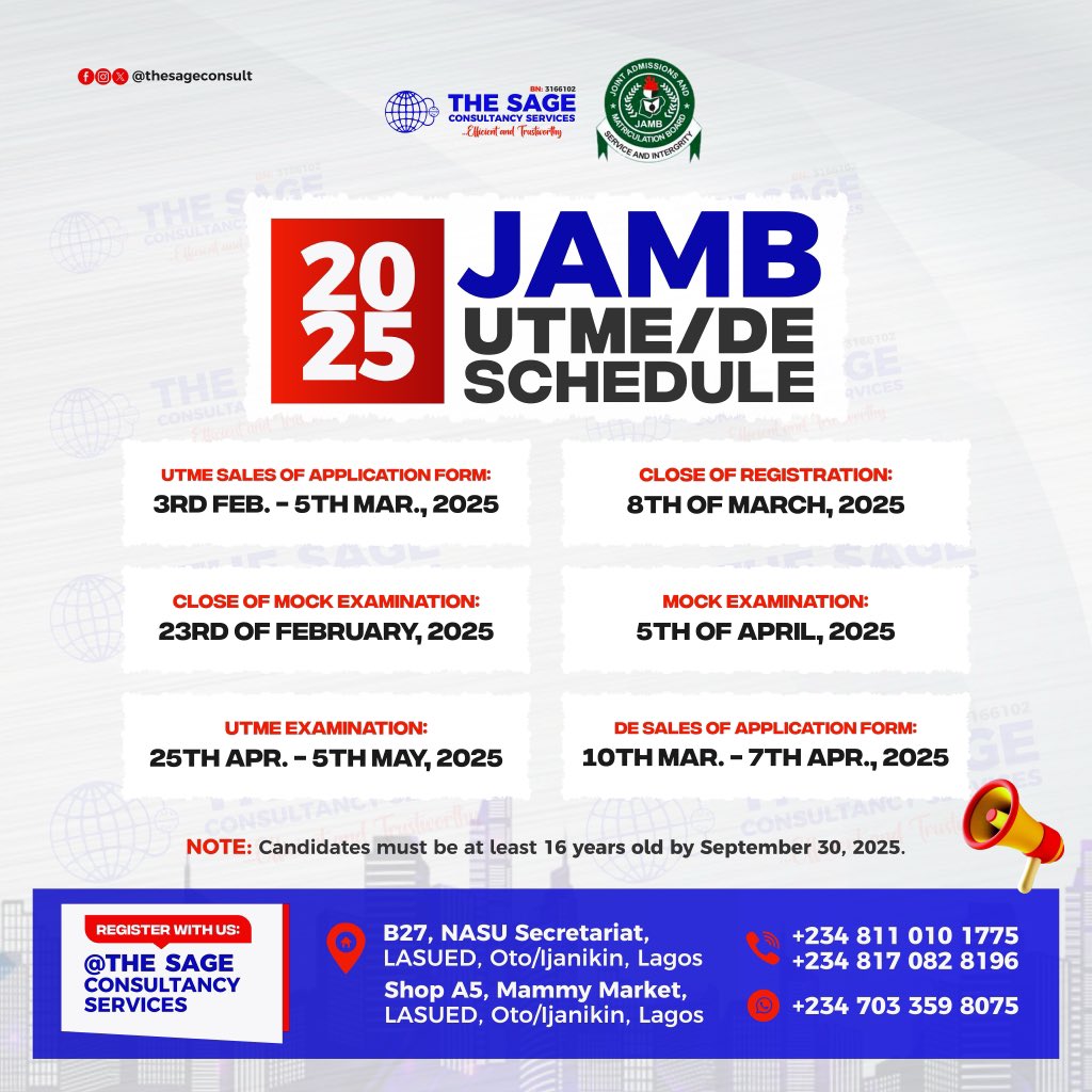 THESAGECONSULT's tweet photo. JAMB REGISTRATION IS ONGOING!
For swift and fast registration, click on the link in our bio or WhatsApp:+2347033598075 to communicate with us, and get your registration done.
#OYINBO
#THESAGECONSULTANCYSERVICES
#DISTANCEISNOTABARRIER https://t.co/WQBkYw2iR8