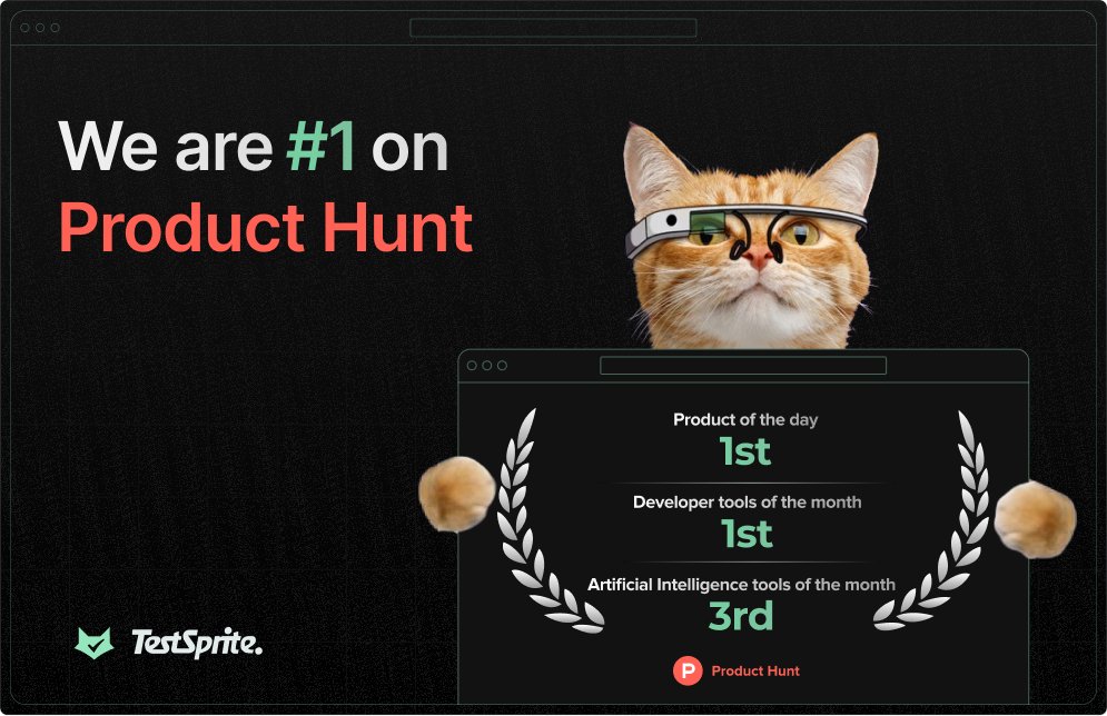 Test_Sprite's tweet image. We did it! Thanks to our incredible community, #TestSprite is now the #1 Product of the Day &amp;amp; #1 Developer Tool of the Month on @ProductHunt, plus #3 in #AI Tools. We appreciate your support! Try our free version and join us in transforming testing for companies everywhere.🎉…