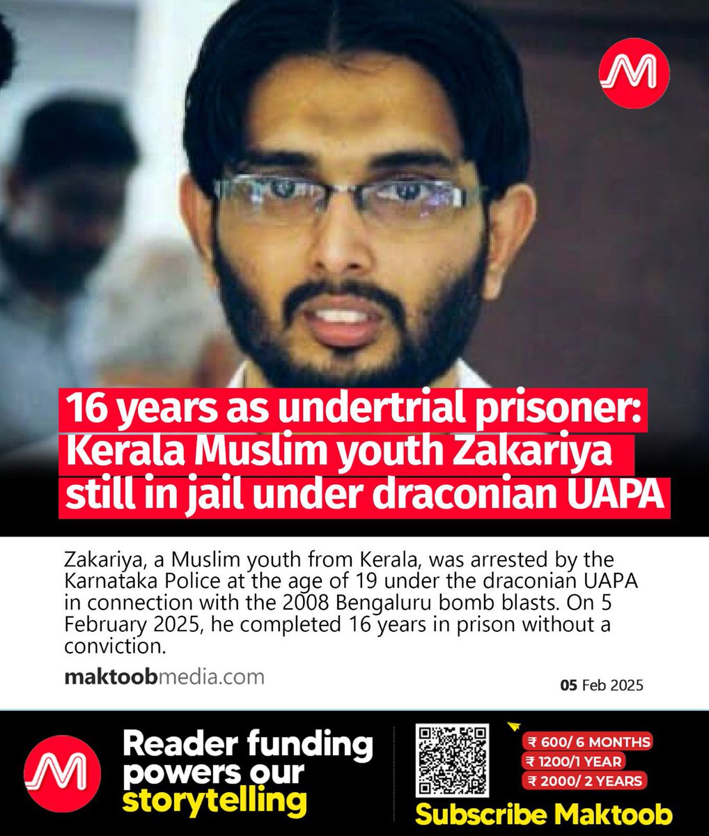 MaktoobMedia's tweet photo. Zakariya, a Muslim youth from Kerala, was arrested by the Karnataka Police at the age of 19 under the draconian UAPA in connection with the 2008 Bengaluru bomb blasts. On 5 February 2025, he completed 16 years in prison without a conviction.

https://t.co/oEQVm3j6ku https://t.co/NRyEHZSZ2T