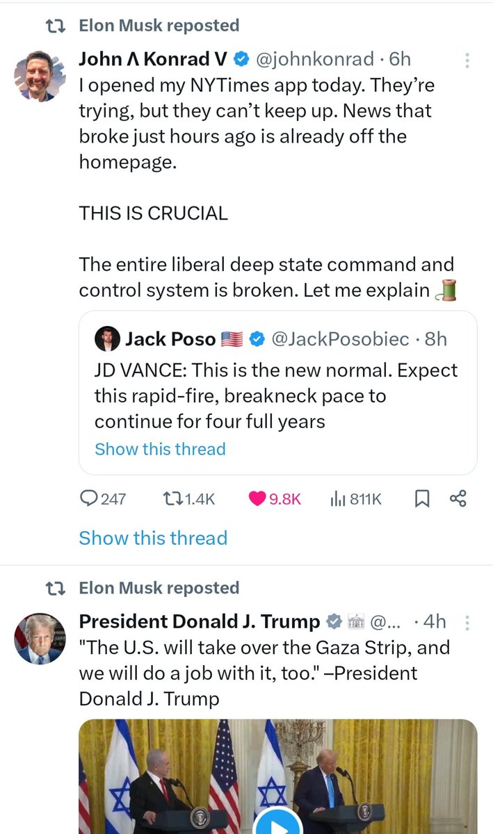 So cool-richest man in the world and <a href="/SpaceX/">SpaceX</a>/@boringcompany/AI/@Tesla/Neurolink/<a href="/DOGE/">Department of Government Efficiency</a> boss <a href="/elonmusk/">Elon Musk</a> reposts <a href="/POTUS/">President Donald J. Trump</a>, then reposts your great thread on media narrative machine, <a href="/johnkonrad/">John Ʌ Konrad V</a> . Nice! Screenshot to capture the moment. And yes,<a href="/X/">X</a> is the future and we are the media!