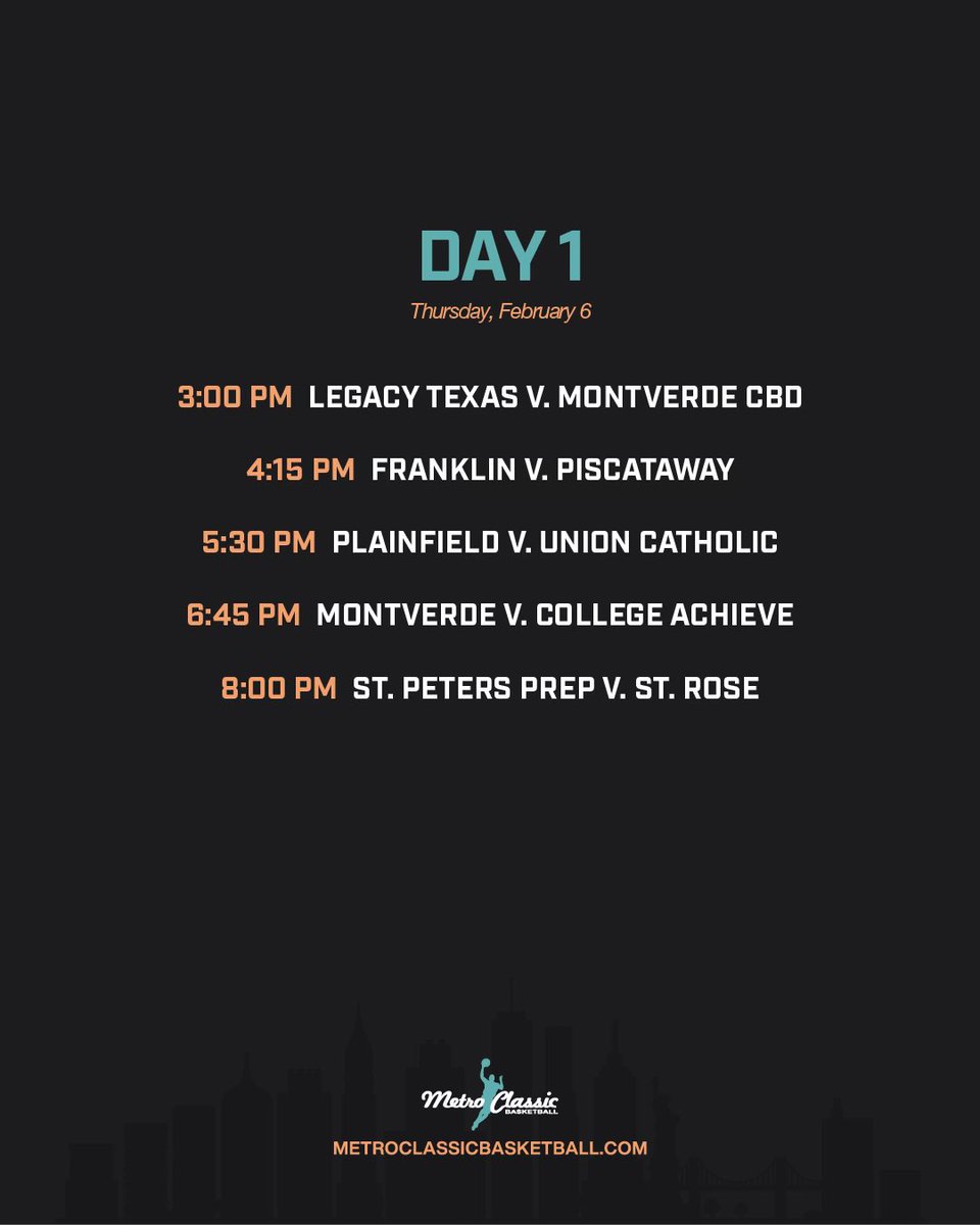 MetroClassic's tweet photo. The Schedule 🗓️

@NJHoopRecruit @nj_athletics @AdamZagoria @njdotcom @njhoopscene 

Buy Tickets Here🎟️ 👉 https://t.co/FVjp6PNcBG

#MetroClassic #Schedule #1dayaway #newjersey #highschoolbasketball https://t.co/zAYB90hyBC