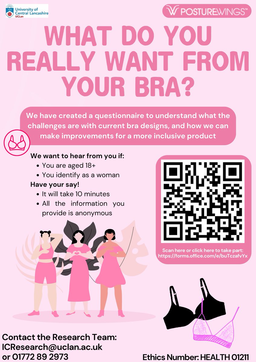 Ambreen Chohan (@dr_a_chohan) on Twitter photo ⭐️📢RESEARCH PROJECT 📢⭐️ If you are aged 18 or over and identify as a woman, why not take part in our survey and help us understand what you really need from your #bra. By taking part, you could help inform #future designs of more #inclusive #bras. @UCLanResearch <a href="/PostureWings/">Mary Fenske</a> ⭐️📢RESEARCH PROJECT 📢⭐️ If you are aged 18 or over and identify as a woman, why not take part in our survey and help us understand what you really need from your #bra. By taking part, you could help inform #future designs of more #inclusive #bras. @UCLanResearch <a href="/PostureWings/">Mary Fenske</a>