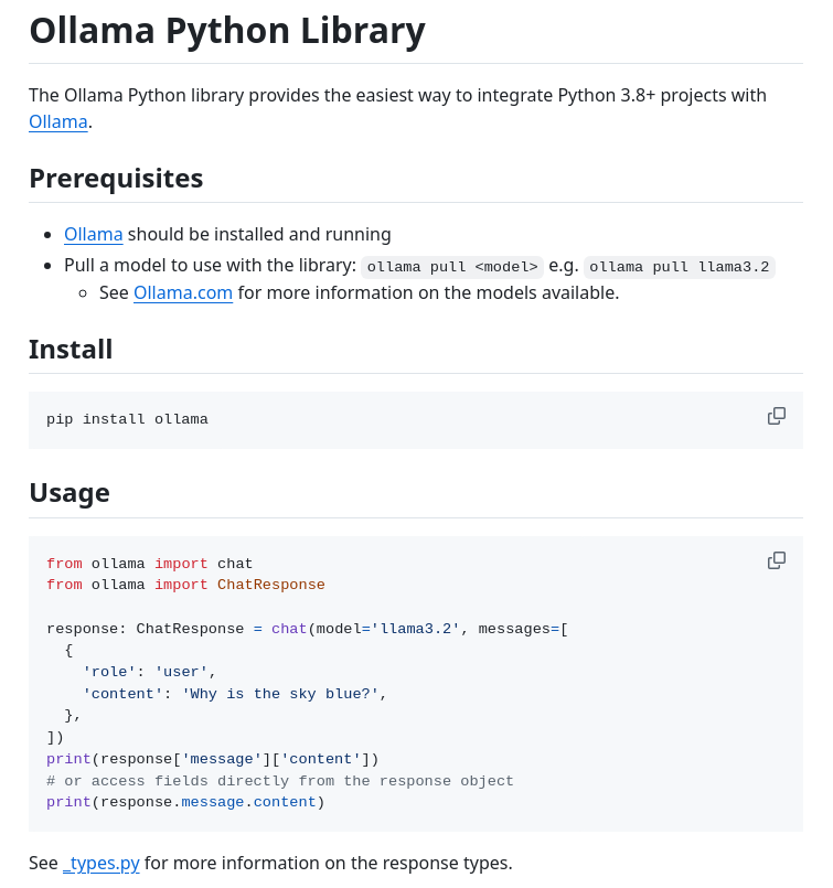 tom_doerr's tweet photo. Ollama Python library for LLM integration https://t.co/g9rzkoqucW