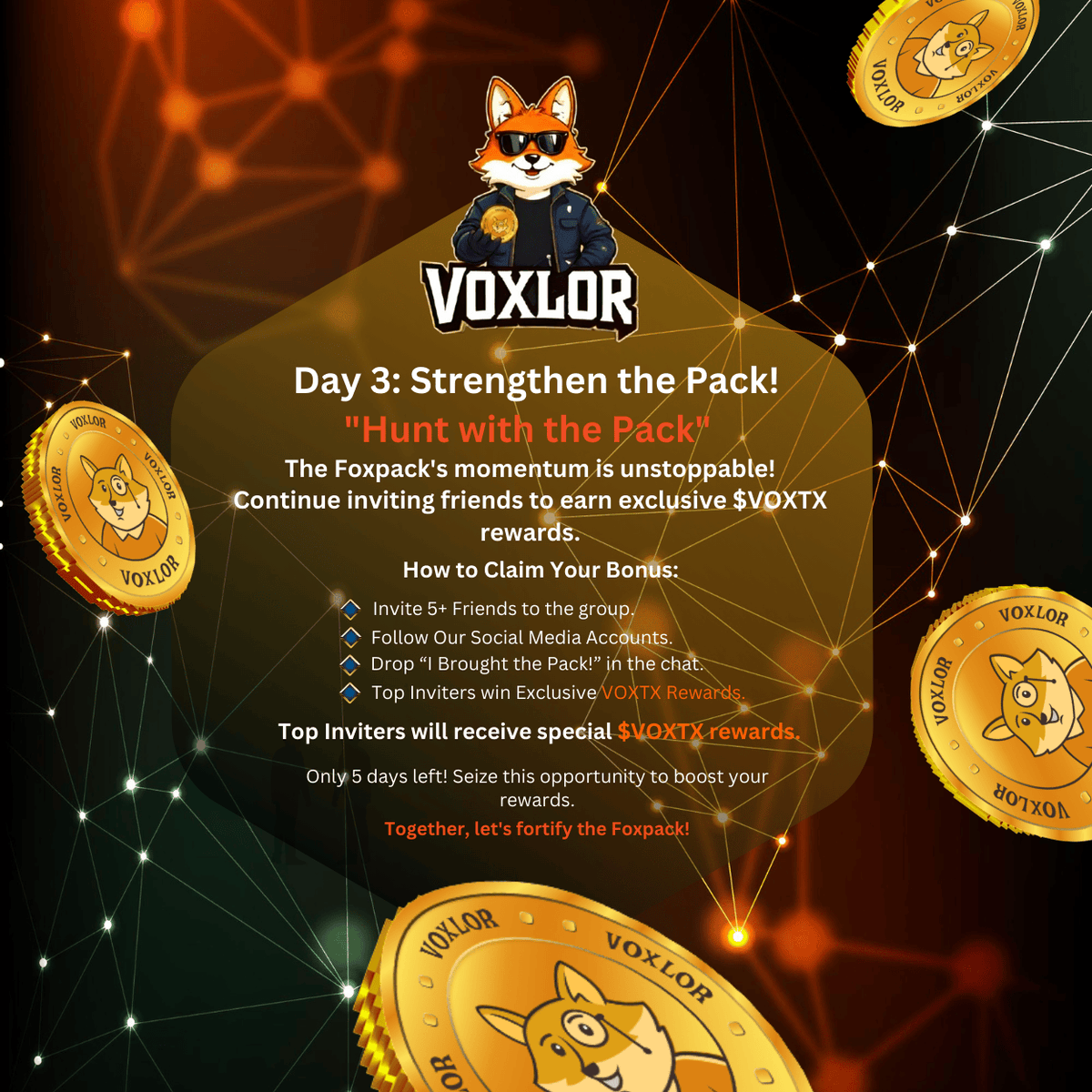 voxlor_official's tweet photo. 🔥 Day 3: Strengthen the Pack! 🦊💰

The Foxpack is unstoppable! 🚀 Keep inviting &amp; earn $VOXTX rewards! 🎯

🏆 Top inviters get exclusive rewards!
🔗 Join the movement now!
#CryptoRewards #Airdrop #Blockchain #VOXLOR #VOXTX #CryptoCommunity #Web3 #NFT #Bitcoin  #CryptoGiveaway https://t.co/xusW9NZrWt