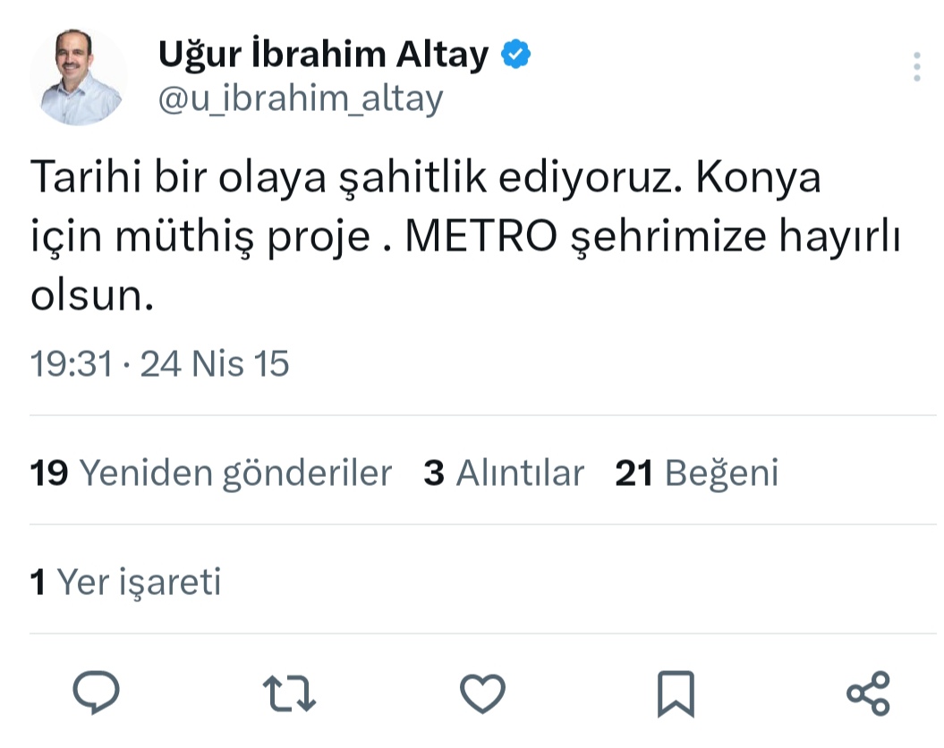 Helal olsun başkan, 10 yıldır her seçimde ekmeğini yediniz METRO'nun.. Geldiğimiz nokta ise  RAYLI SİSTEMi uzatmak.. 
Maalesef biz de sizin Konya Modeli Belediyecilik anlayışınıza şahitlik ediyoruz!!!