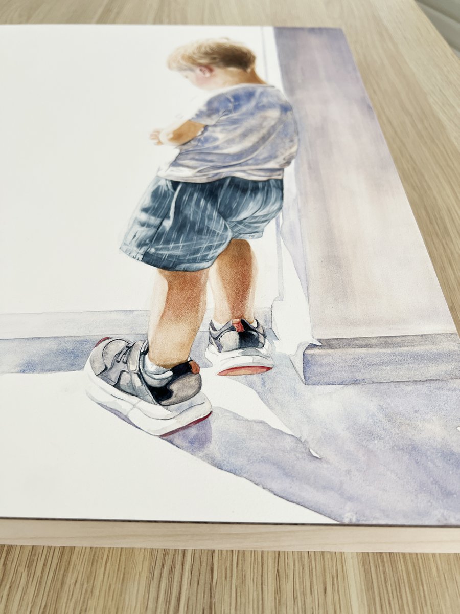My grandson waiting to go outside. Painted in watercolour on an Ampersand Aquabord cradled panel.  @Ampersand_Art #Aquabord #ampersand_art #artonpanel #watercolor #watercolorpainting #watercolorart
