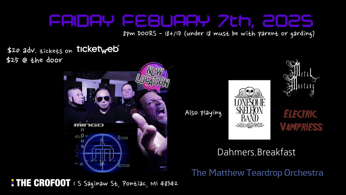 This Friday Mingo Indus live <a href="/TheCrofoot/">The Crofoot</a> (Pontiac, MI, USA) featuring supports <a href="/DMADAHMER/">dahmersbreakfast</a> <a href="/lonelyskeleton/">thelonelyskeleton</a> <a href="/metalmustang/">志村</a> @thematthewteardroporcstra 
Tickets you can buy:
ticketweb.com/event/mingo-in…