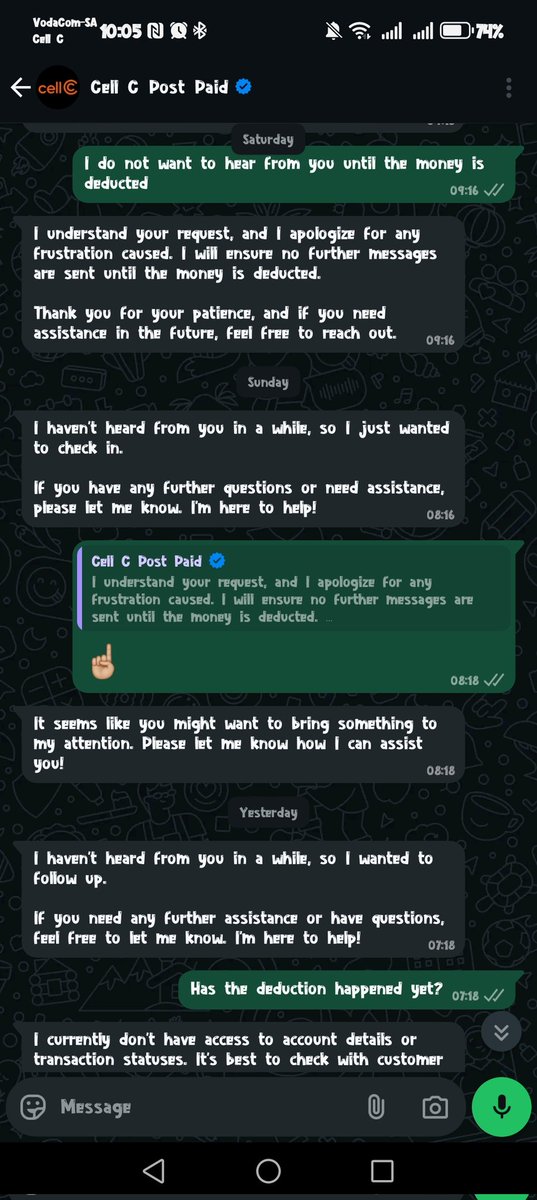 callmepokes's tweet photo. @CellC @CellC_Support please explain to me how this is not considered harrassment? Due to your staff not doing what was initially requested, not doing what you said you would, and continuing not to do what you should, i am now getting daily messages from what seems to be a bot! https://t.co/XKWt5oMwzf
