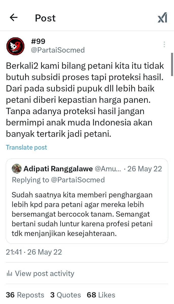PartaiSocmed's tweet photo. Yes, benar sekali pak @prabowo. Dari dulu sudah kami sampaikan yg dibutuhkan petani kita itu proteksi hasil pertanian bukan subsidi proses. Subsidi pupuk dll itu hanya menciptakan mafia baru dan jadi sia2 ketika pada masa panen pemerintah justru dibuka keran impor. https://t.co/Xq9NNHUG0t