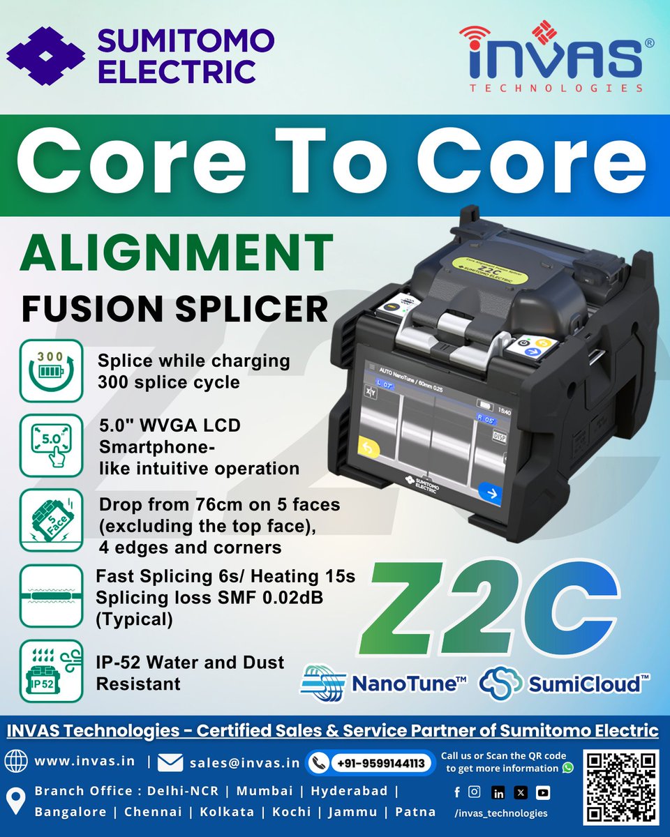 invastechnology's tweet image. Upgrade your fiber optic splicing task with the Sumitomo Electric Z2C Splicer! 🌐 Designed for precision and efficiency, the Z2C ensures seamless splicing with its compact, rugged build and advanced technology. 🚀

#splicingmachine #fibersplicingmachine #fusionsplicer #z2c