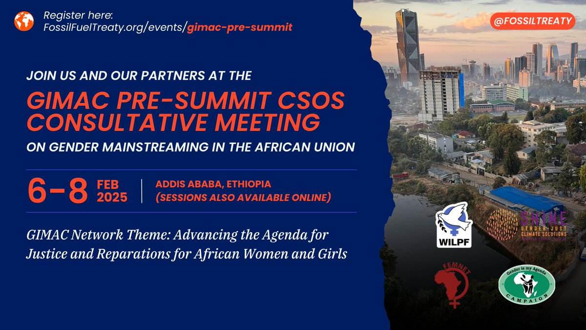 Fossil Fuel Non-Proliferation Treaty Initiative (@fossiltreaty) on Twitter photo Stand up for women's and girls' rights in Africa! ✊🏿
Join <a href="/GimacNetwork/">GIMAC Network</a>'s consultative meetings on the sidelines of the <a href="/_AfricanUnion/">African Union</a> Summit on critical issues related to gender equality & women's economic empowerment. ♀️
🔗 Register now to attend online at Stand up for women's and girls' rights in Africa! ✊🏿
Join <a href="/GimacNetwork/">GIMAC Network</a>'s consultative meetings on the sidelines of the <a href="/_AfricanUnion/">African Union</a> Summit on critical issues related to gender equality & women's economic empowerment. ♀️
🔗 Register now to attend online at