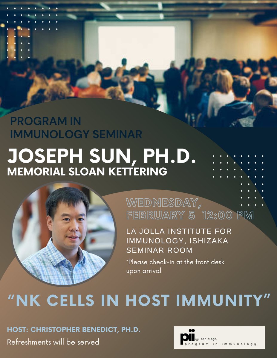 Program in Immunology (@immunologyucsd) on Twitter photo The Program in Immunology welcomes Dr. Joseph Sun
<a href="/SunLab_Official/">Joseph Sun Lab</a>
from
<a href="/MSKCancerCenter/">Memorial Sloan Kettering Cancer Center</a>
and
<a href="/WeillCornell/">Weill Cornell Medicine</a>. Please join us for his seminar on Wednesday February 5! The Program in Immunology welcomes Dr. Joseph Sun
<a href="/SunLab_Official/">Joseph Sun Lab</a>
from
<a href="/MSKCancerCenter/">Memorial Sloan Kettering Cancer Center</a>
and
<a href="/WeillCornell/">Weill Cornell Medicine</a>. Please join us for his seminar on Wednesday February 5!