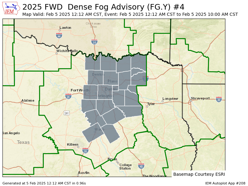 Weatherboy_24's tweet photo. FWD issues Dense Fog Advisory for Collin, Cooke, Dallas, Delta, Denton, Ellis, Fannin, Grayson, Henderson, Hill, Hopkins, Hunt, Johnson, Kaufman, Lamar, Limestone, McLennan, Navarro, Rains, Rockwall, Tarrant, Van Zandt [TX] till Feb 5, 10:00 AM CST https://t.co/8NjcG243Do https://t.co/zbAHxXAjL0
