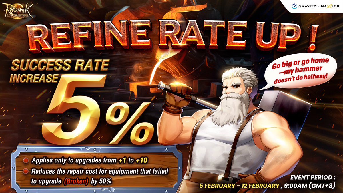 ROLandverse's tweet photo. 4) Refine Rate Up event 💥

🌟Push your equipment to new heights hitting +7, +8, +9, or even +10 has never been easier for skilled blacksmiths!

 ☛https://t.co/6t7fLJGNcP

#Event #equipmentRefine #MMORPG https://t.co/vHO2G9t3nu