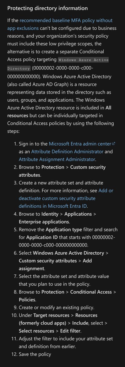 fabian_bader's tweet image. Updated guidance on conditional access:
Either target all resources with MFA or at least target Azure AD Graph through &quot;Custom security attributes&quot;.

#EntraID #CA

learn.microsoft.com/en-us/entra/id…