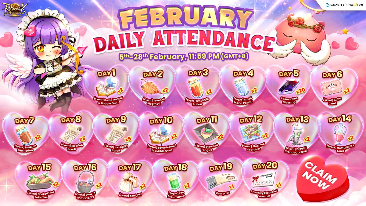 ROLandverse's tweet photo. 5)📅 New Daily Attendance Rewards have been updated!
Log in to Ragnarok Online Landverse starting today to claim all items on the Daily Attendance list. 🎁 

👉https://t.co/Hls91bzHV4

#RagnarokOnlineLandverse #DailyRewards #MMORPG #AttendanceRewards https://t.co/VM6DFHbdre