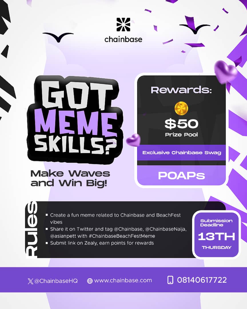 ChainbaseNaija's tweet photo. 🤍| Join the Chainbase BeachFest Meme Contest and show us your meme-making skills.

We’re looking for the funniest, most creative, and meme-tastic posts inspired by Chainbase BeachFest vibes.

How to Join: Create a fun, beachy Chainbase-themed meme.

Post it on “X” and Tag @ChainbaseHq, @ChainbaseNaija and @asian_pett 

Use the hashtag #ChainbaseBeachFestMeme in your contest.

Submit links to the social media campaign on Zealy https://t.co/IRKT9OqaEl

#meme 
#memecontests