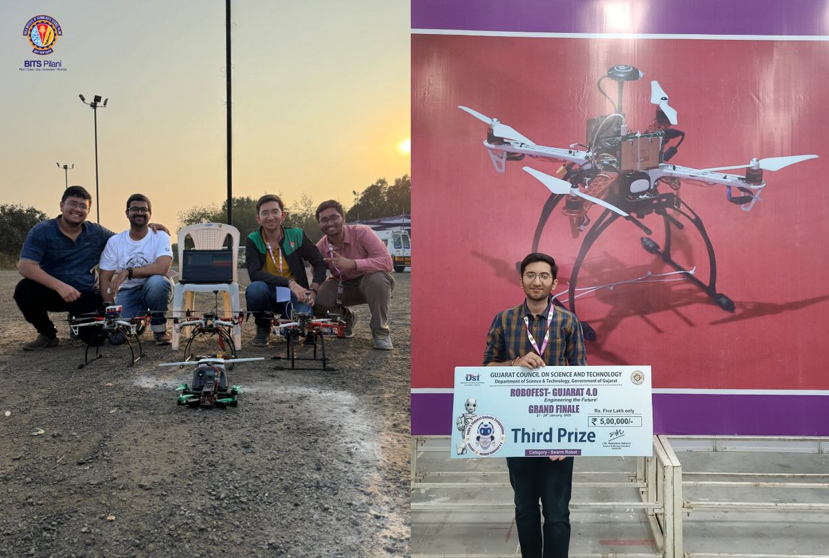 bitspilaniindia's tweet photo. From Sleepless Nights to Soaring Heights: #BITSPilani's #Drone Triumph". Whether you're a #drone enthusiast, a proud #BITSian, or just someone who VALUES #grit, get ready to be inspired. This kind of #achievement deserves all the encouragement and applause👏👏👏 you can give!
A team of #BITSPilani students, armed with nothing but brains, grit, and a whole lot of enthusiasm, just revolutionized the drone game at #Robofest #Gujarat4.0. We're talking swarm drones that can think for themselves, pulling off stunts that would make even sci-fi writers do a double-take!
Harshil Jeswani, Chirag Tyagi, Divy Agrawal, and Saikrishna Bulusu—of the Radio Control Club, BITS Pilani need to be acknowledged, because they're the masterminds who turned the impossible into reality.
The Sweet Victory:
Level 1: ₹50,000
Level 2: ₹2,00,000
Level 3 (Grand Finale): ₹5,00,000 and 3rd Place!
A massive shoutout to Dr. Vinay Chamola and Prof. Manoj Kumar Soni for their rock-solid support, and to Ridhima Bhatia, a student media team member for capturing this epic journey.#BITSPilani, take a bow! This isn't just a win; it's a reflection to what happens when brilliance meets grit.
Who's ready to see what more BITS tech wizards cook up next?
We have more lined up................................
Video credit: Radio Control Club, BITS Pilani