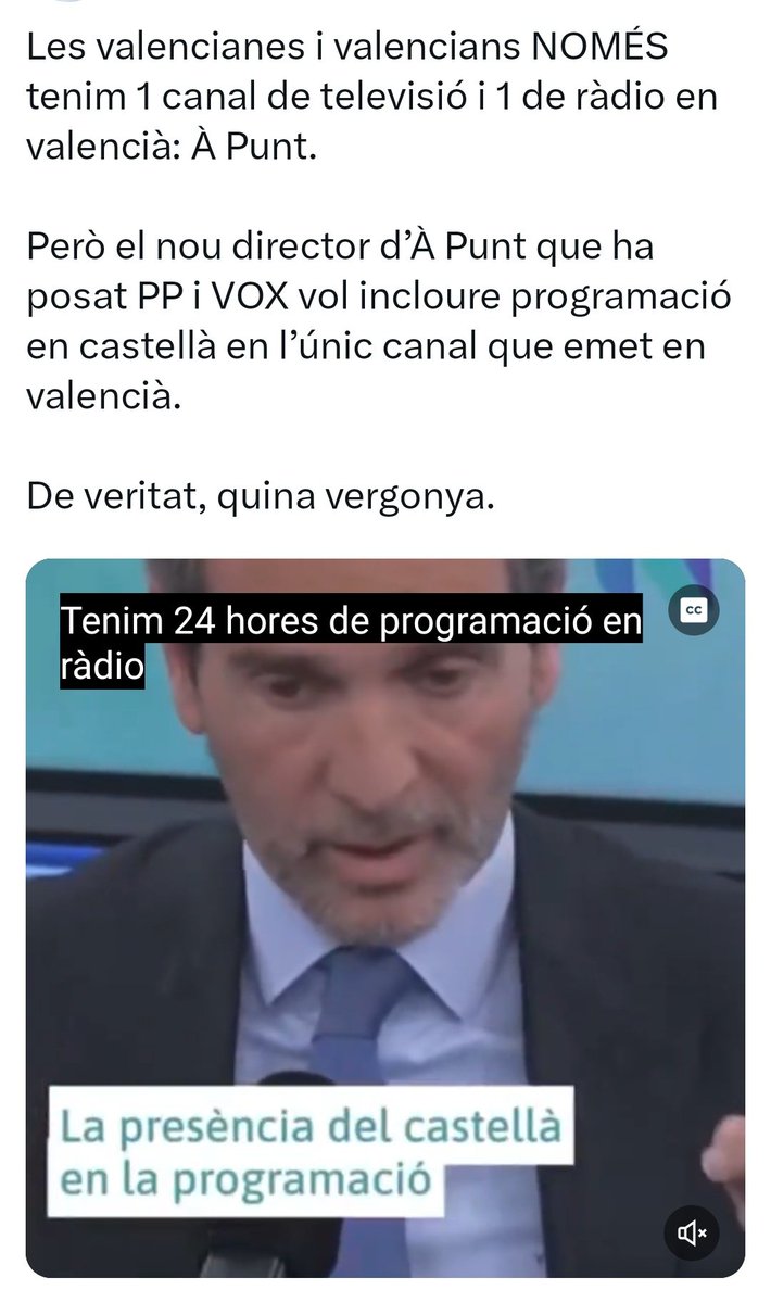 És insuportable ser valencià. Açò és només d'ahir. Estem vivint a un infern governat per terraplanistes lingüístics, odiadors del valencià, ignorants fanàtics, feixistes, corruptes, toreros, destrossadors de l'horta, la platja, la cultura i qualsevol cosa que toquen. No puc més.