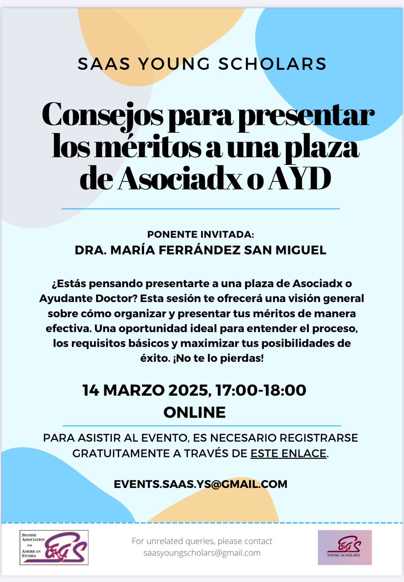📢 Attention all PhD students in English studies!

Our team member <a href="/maria_fsm1/">María Ferrández-Sanmiguel</a> will be delivering the lecture “Consejos para presentar los méritos a una plaza de Asociadx o AYD” for <a href="/SAAS_YScholars/">SAAS Young Scholars</a>.

📅 Friday 14th March
⏰ 17h.
🔗 Mail events.saas.ys@gmail.com for the link