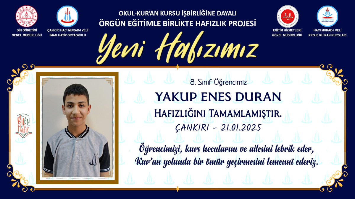 hmviho's tweet photo. 79. Hafızımız
Yakup Enes DURAN🌹
Öğrencimizi, hocalarını ve ailesini tebrik eder, Kur’an yolunda bir ömür geçirmesini temennî ederiz. 
👏👏👏 https://t.co/gbcECfZdi6