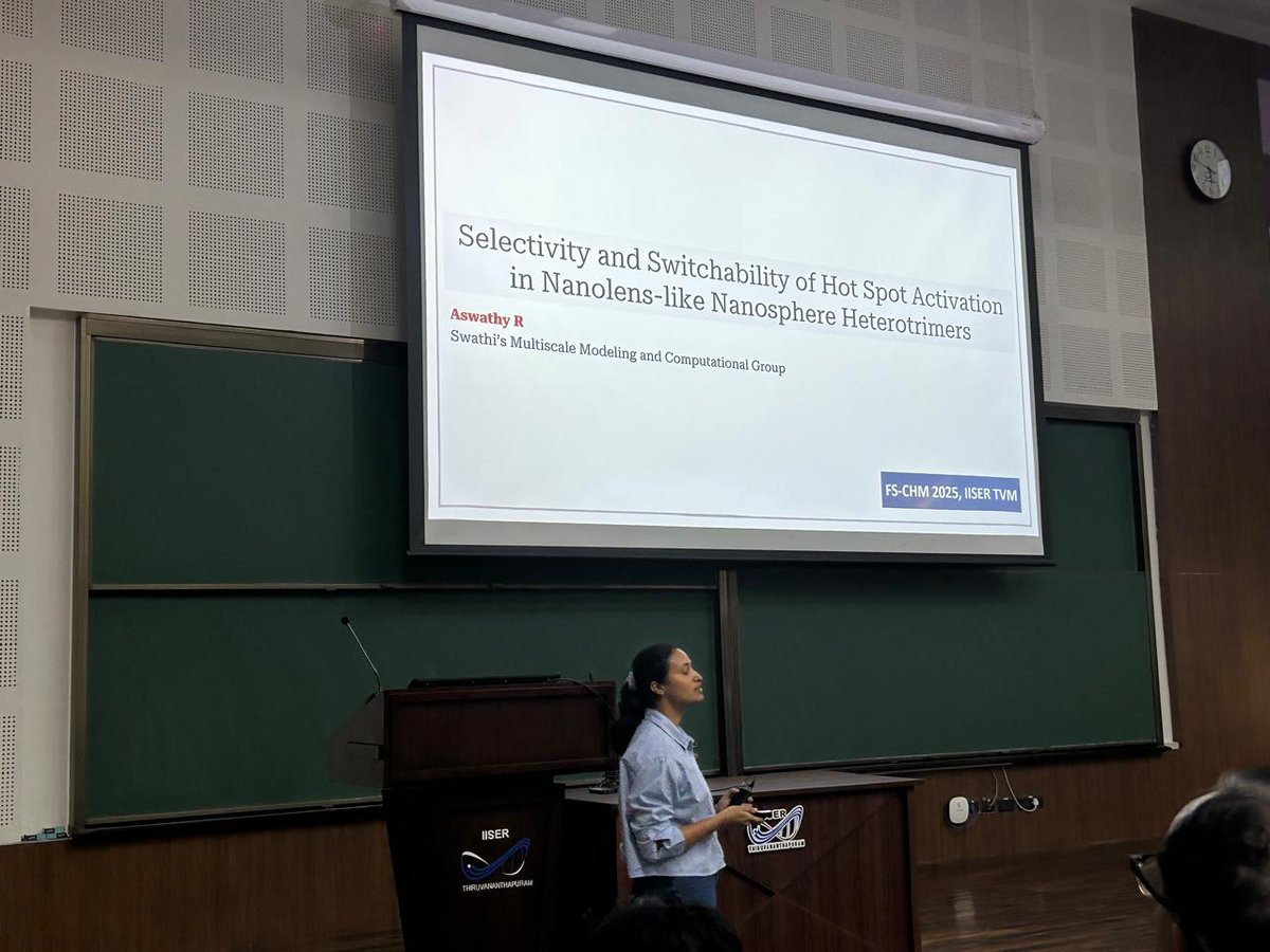 Swathi's Multiscale Modeling & Computational Group (@swathirs_group) on Twitter photo Congratulations to <a href="/AswathyR_/">Aswathy R</a> for winning the Best Flash Talk Prize at the Fifth Frontiers Symposium in Chemistry (FS-CHM 2025), organized by the School of Chemistry, IISER TVM! 🎉 👏
<a href="/tvmiiser/">IISER Thiruvananthapuram</a> <a href="/Chemie_iisertvm/">School of Chemistry IISER TVM</a> Congratulations to <a href="/AswathyR_/">Aswathy R</a> for winning the Best Flash Talk Prize at the Fifth Frontiers Symposium in Chemistry (FS-CHM 2025), organized by the School of Chemistry, IISER TVM! 🎉 👏
<a href="/tvmiiser/">IISER Thiruvananthapuram</a> <a href="/Chemie_iisertvm/">School of Chemistry IISER TVM</a>