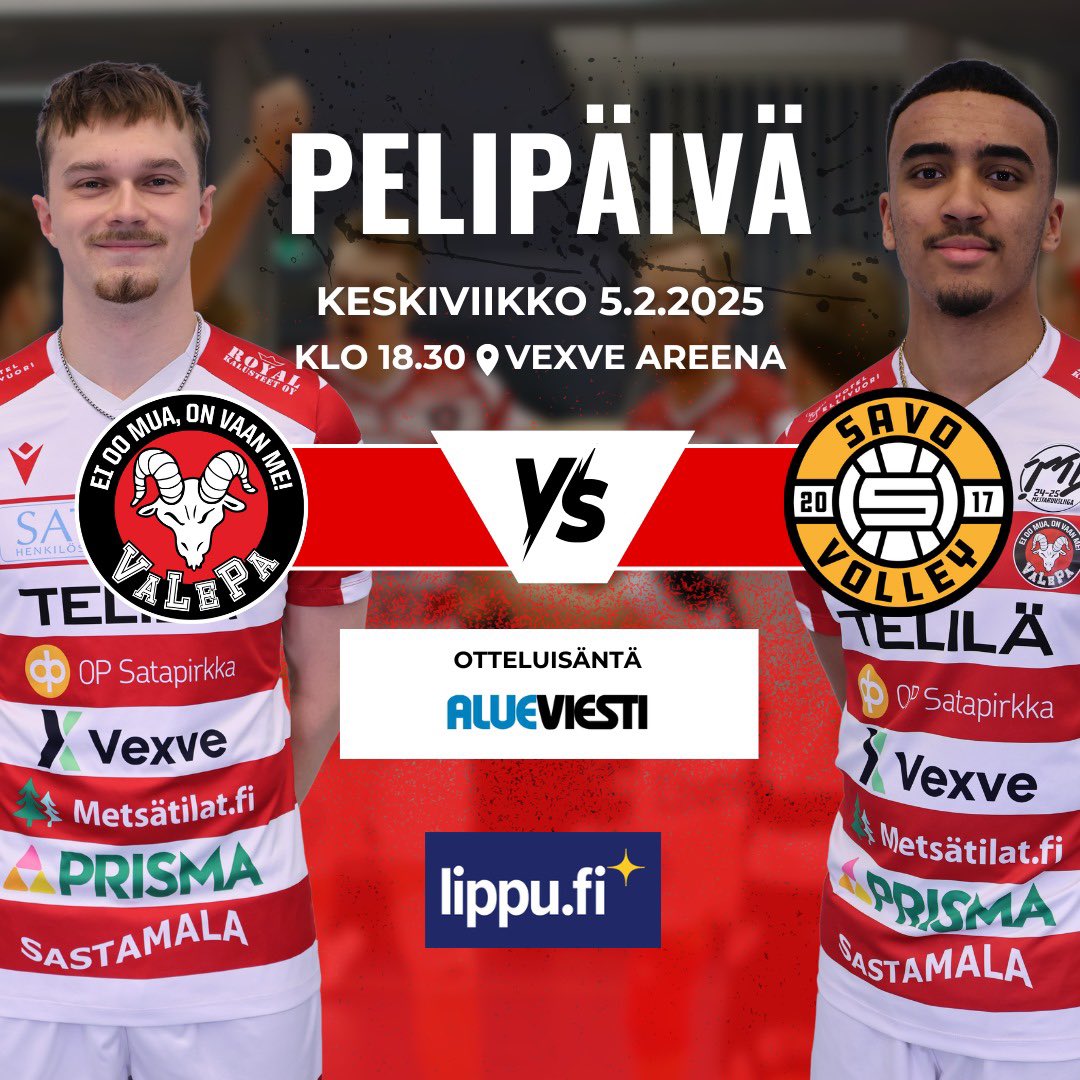 VaLePaSastamala (@valepasastamala) on Twitter photo Tulevana keskiviikkona pelataan Vexve areenalla KOTIOTTELU!â¤ď¸đ¤
đVaLePa vs Savo Volley
đď¸5.2.2025
â°18.30
đVexve areena
Otteluisäntänä toimii Alueviesti @alueviesti âď¸
<a href="/mestaruusliiga/">Mestaruusliiga</a> <a href="/Sastamala/">Sastamalan kaupunki</a> #valepa #sastamala #tampere #eioomuaonvaanme Tulevana keskiviikkona pelataan Vexve areenalla KOTIOTTELU!â¤ď¸đ¤
đVaLePa vs Savo Volley
đď¸5.2.2025
â°18.30
đVexve areena
Otteluisäntänä toimii Alueviesti @alueviesti âď¸
<a href="/mestaruusliiga/">Mestaruusliiga</a> <a href="/Sastamala/">Sastamalan kaupunki</a> #valepa #sastamala #tampere #eioomuaonvaanme
