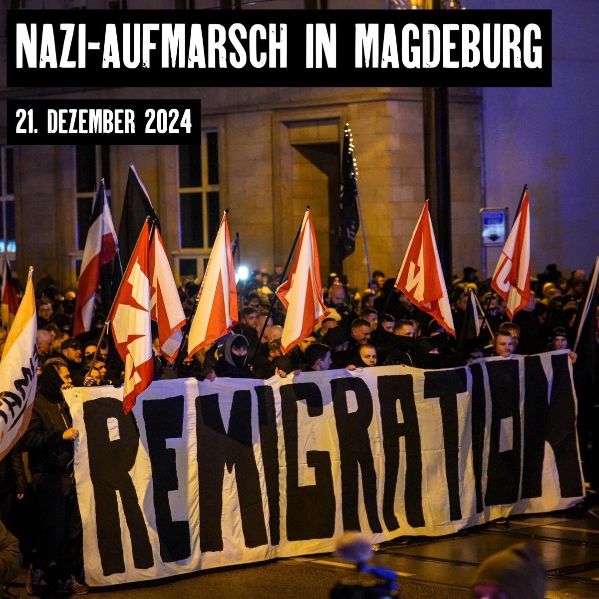 #Nachgereicht: Am 21.12.24 fand in Magdeburg einer der größten Neonazi-Aufmärsche des letzten Jahres statt. Organisiert wurde die Demo fast ausschließlich von der Partei "Die Heimat" und ihrer Jugendorganisation "Junge Nationalisten".

Bilderstrecke: recherche-nord.com/gallery/2024.1…